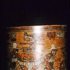 Maya painted jar: man in jaguar-skin litter from Guatemala
