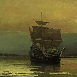 The Mayflower on Her Arrival at Plymouth Harbor, 1882. Creator: Halsall, William Formby