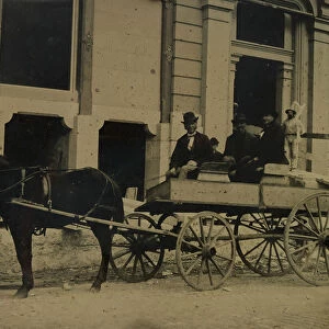 Three Men Seated in a Horse-Drawn Buggy in Front of a Building Under Construction