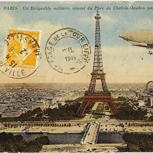 Military airship from the Chalais-Meudon park flying near the Eiffel Tower, 1908