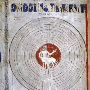 Minotaur in a labyrinth, a page from Liber Floridus, 12th century