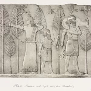 Monuments of Ninevah: Plate 32, Huntsmen with Gazelle, Hare and Birds (Khorsabad), 1853