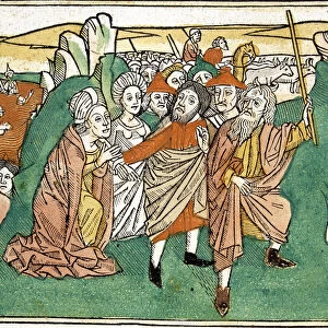 Moses in the Red Sea, scene in the Bible of Nuremberg, written in German, 1483