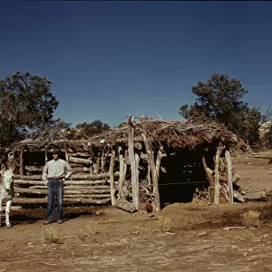 Mr. Leatherman, homesteader, with his work burros in front of his barn, Pie Town, New Mexico, 1940. Creator: Russell Lee