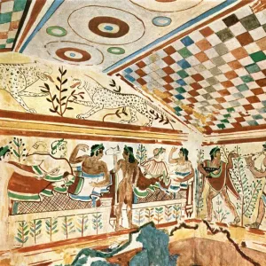 Mural painting in the Leopards Tomb (Tomba dei Leopardi) at Tarquinia, Italy, (1928)