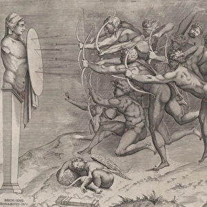 Naked archers shooting at a target attached to a herm, Cupid sleeping below, possib