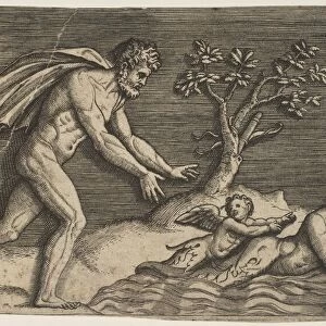 A naked man pursing a naiad and a cupid into the water, ca. 1515-27. Creator: Marco Dente