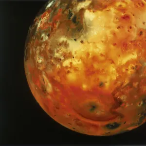 Nearly full view of Io, one of the moons of Jupiter, 1979