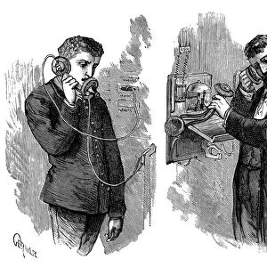 New York telephone subscriber making call through operator at telephone exchange, 1883