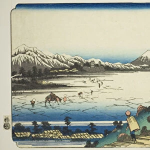 No. 31: View of Lake Suwa from Shiojiri Pass (Sanjuichi: Shiojiri toge Suwa no kosui... c. 1835 / 36. Creator: Ikeda Eisen)