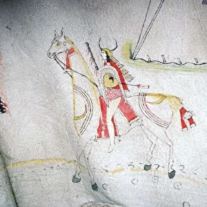 North American Indian decorated skin, showing a horse and rider, from the Arapaho tribe