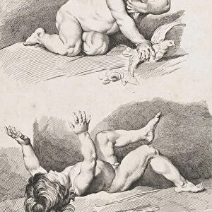 Two nude children playing with a leaf; from New Book of Children, 1720-60