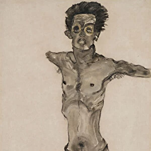 Nude Self-Portrait in Gray with Open Mouth