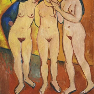 Three nudes, orange and red, 1912. Artist: Macke, August (1887-1914)