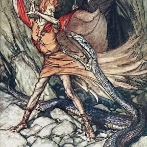 Ohe! Ohe! Terrible dragon, oh, swallow me not! Illustration for The Rhinegold and The Valkyrie by Artist: Rackham, Arthur (1867-1939)