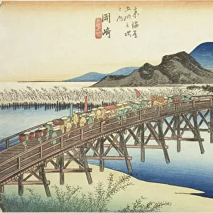 Okazaki: Yahagi Bridge (Okazaki, Yahagi no hashi), from the series "Fifty-three... c. 1833/34. Creator: Ando Hiroshige. Okazaki: Yahagi Bridge (Okazaki, Yahagi no hashi), from the series "Fifty-three... c. 1833/34. Creator: Ando Hiroshige