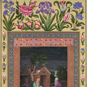 Two Old Men in Discussion Outside a Hut, Folio from the Davis Album, A. H. 1085 / A. D. 1674-75