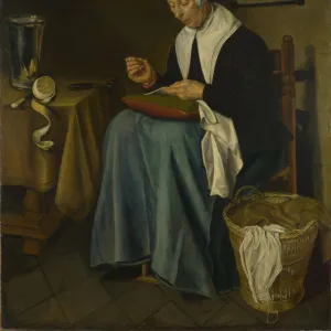 An Old Woman seated sewing, 1655. Artist: Aeck, Johannes van der (1637-1682)