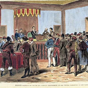 Opening of the ballot boxes of the polling places in 1871, colored engraving in La