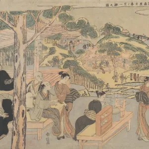 Osen of the Kagiya Teahouse at Kasamori Shrine with a View of Nippori in Yanaka, ca. 1768