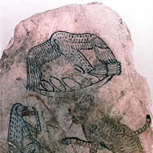 Ostracon Fragment, Cheetah, Bird and Monkey, Egypt