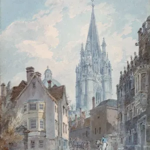Print of Oxford's St Mary the Virgin Church tower and spire from Oriel Lane