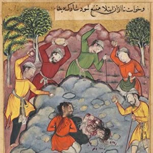 Page from Tales of a Parrot (Tuti-nama): The Rajas daughter and her lover stoned