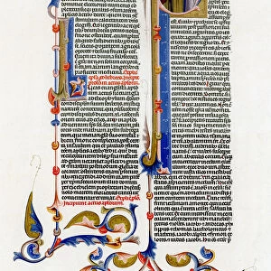 Page of text with illuminated initial letter, 14th century