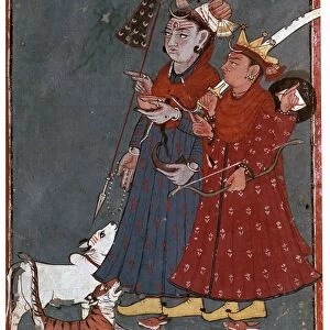 Painting of the gods Siva and Khrishna accompanied by a bull, tiger, and jackals