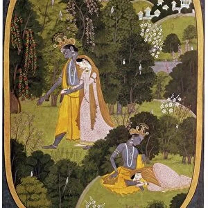 Painting of Radha and Khrishna in a grove