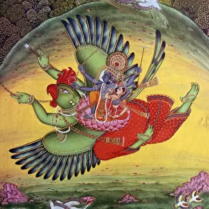 Painting of Vishnu and his consort Lakshmi riding on the bird-god Garuda