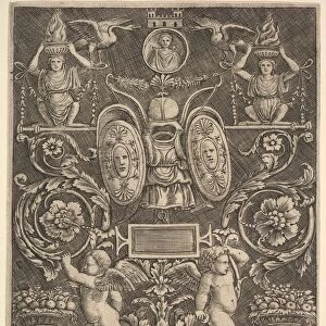 A panel of ornament, putti standing on cornucopia in lower section, 1530-60
