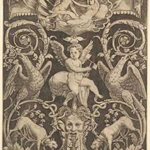 A panel of ornament with a putto in the centre holding a windmill, 1532