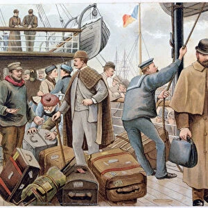 Passengers joining a P&O liner in the Thames, c1890. Artist: P&O Pencillings
