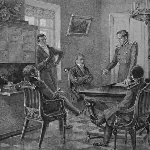 Pavel Pestel speech at the meeting of the Northern Society of the Decembrists in Petersburg, 1936. Artist: Goldstein, Konstantin Mikhailovich (1881-1944)