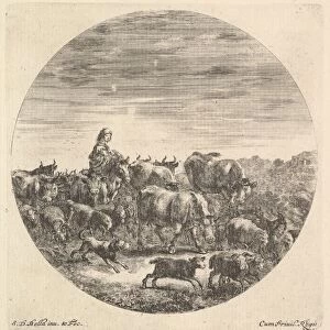 A peasant woman seated on a horse to left, facing right, surrounded by a herd of fc