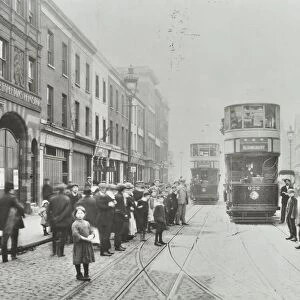 Pedestrians and trams in Commercial Street, Stepney, London, 1907