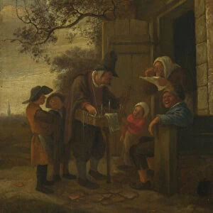 A Pedlar selling Spectacles outside a Cottage, c. 1653. Artist: Steen, Jan Havicksz (1626-1679)
