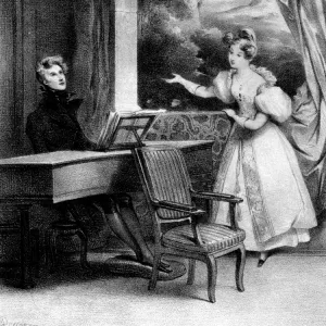 Pianist at the keyboard accompanying a lady singing, 19th century