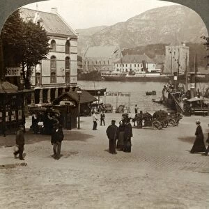 Picturesque old fortress (Bergenhus), from a square in modern town, Bergen, Norway, 1905