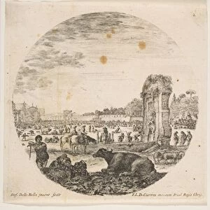 Plate 2: Campo Vaccino, a buffalo and two shepherds in center, the Fontanone to right