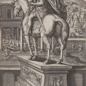 Plate 2: equestrian statue of Augustus, holding a globe and seen from behind, with