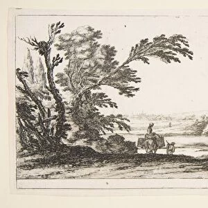 Plate 3: two horsemen crossing a river to right, a woman with two baskets atop a donke
