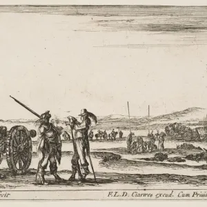 Plate 3: An officer giving orders to a solider in centre foreground, cannon at left, f