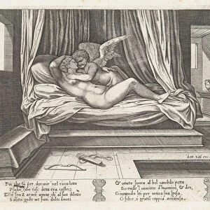 Plate 9: Cupid and Psyche on a bed, from the Story of Cupid and Psyche as told by Apule... 1530-60. Creator: Master of the Die