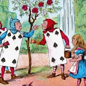 The Playing cards painting the Rose Bushes, c1910. Artist: John Tenniel The Playing cards painting the Rose Bushes, c1910. Artist: John Tenniel
