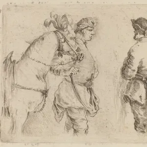 Pole Holding the Bridle of a Horse while Speaking with Two Other Men