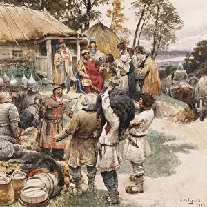 Poliudie (Collecting tribute). Igor of Kiev Exacting Tribute from the Drevlyans, 1903. Artist: Lebedev, Klavdi Vasilyevich (1852-1916)