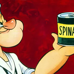 Popeye with a can of spinach, Popeye, the cartoon character created by EC Segar