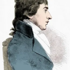 Black and white portrait print of a young man in an 18th-century style suit